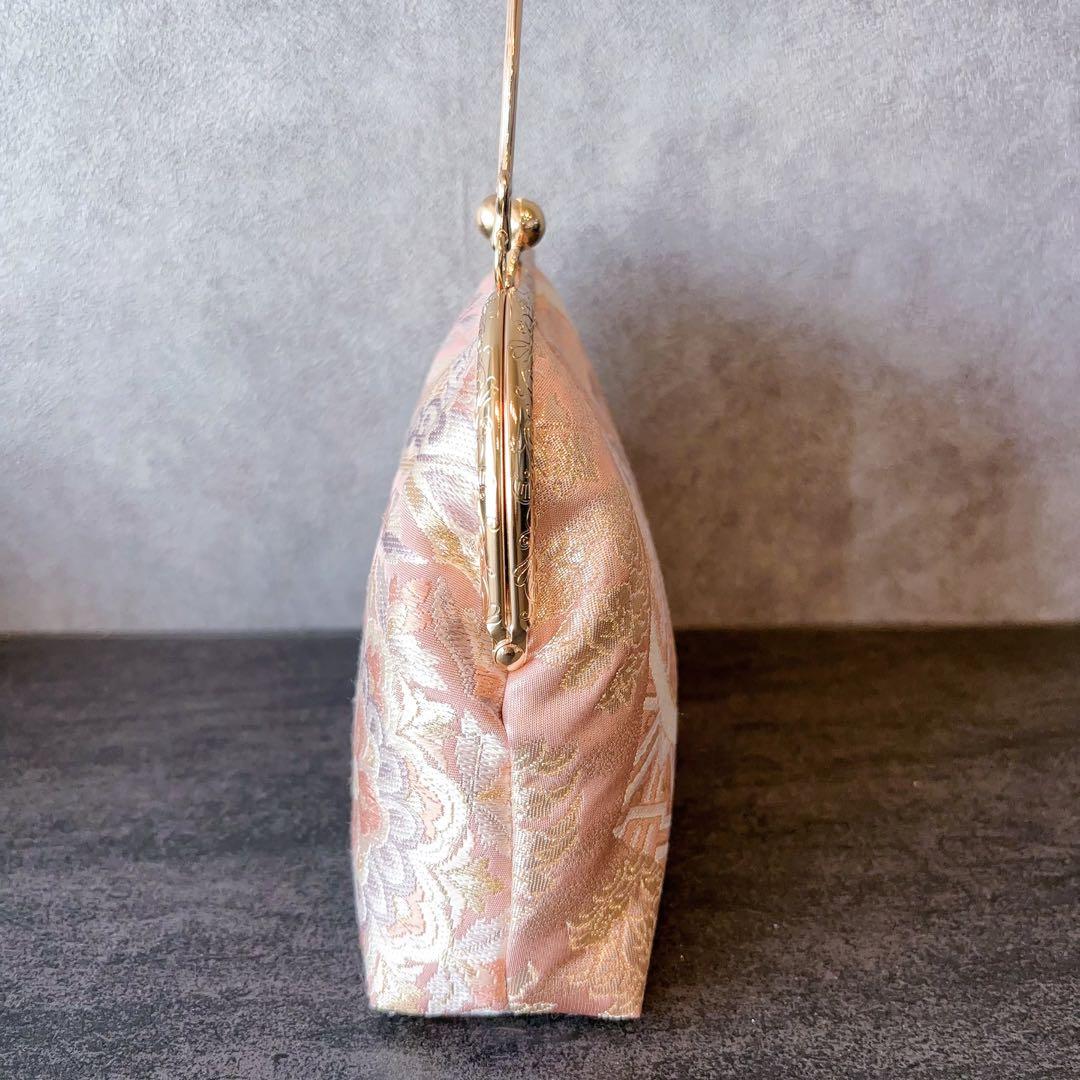 新作本真珠加工帯！格の高い濃密刺繍の最高級西陣帯地バッグ人気の金通しモーブピンク