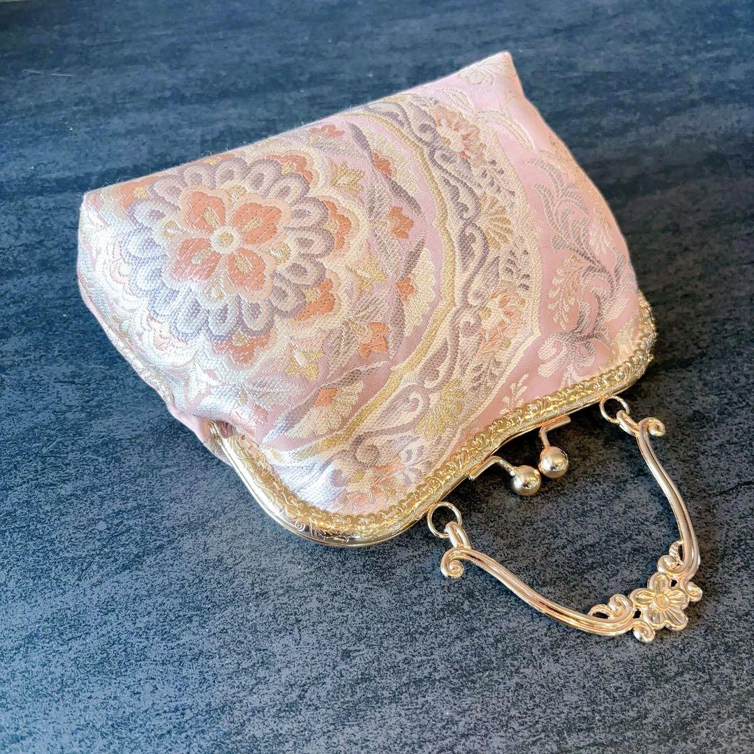 新作本真珠加工帯！格の高い濃密刺繍の最高級西陣帯地バッグ人気の金通しモーブピンク