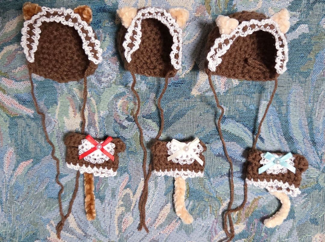 ぬい服 ねこセット ねこみみ付きボンネット＋しっぽ付きワンピース