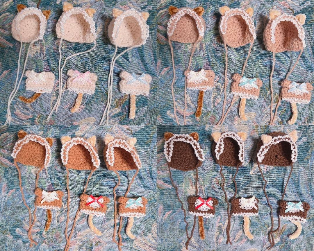 ぬい服 ねこセット ねこみみ付きボンネット＋しっぽ付きワンピース