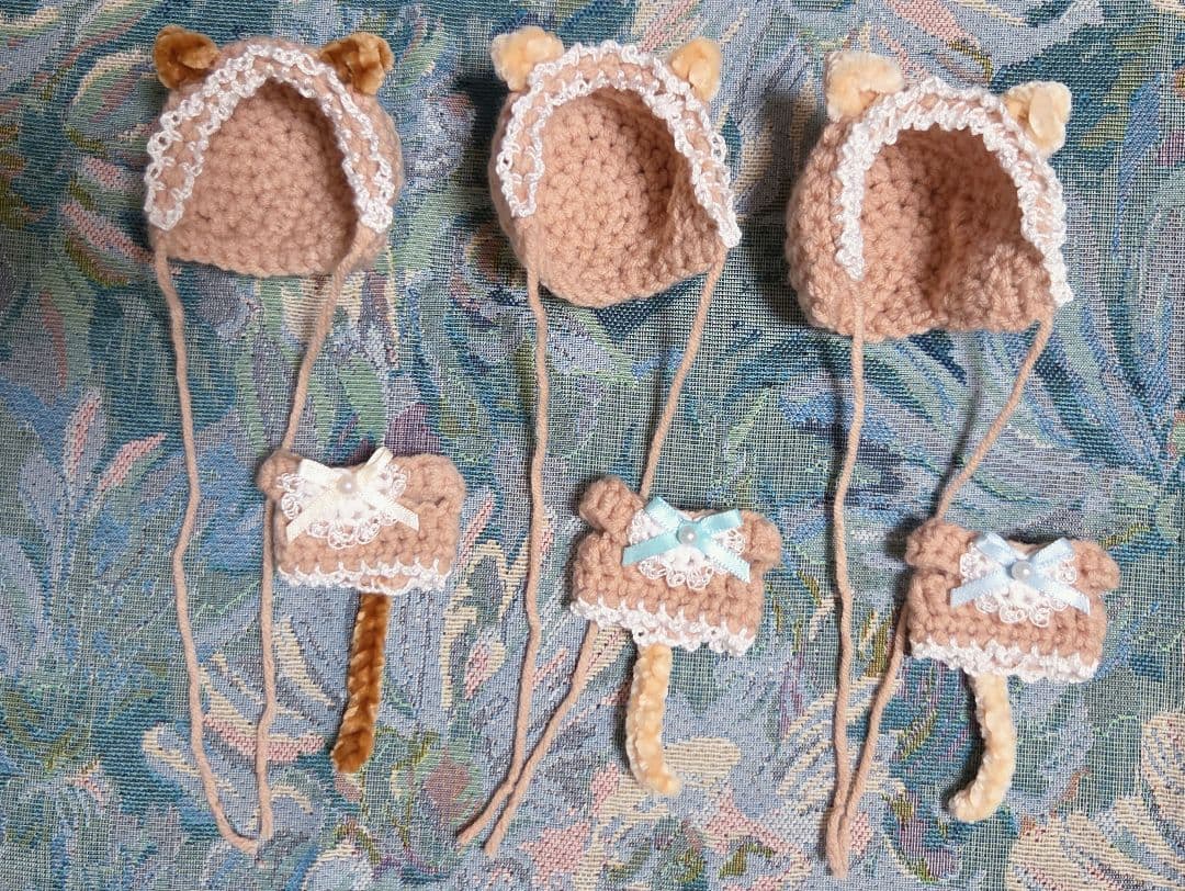 ぬい服 ねこセット ねこみみ付きボンネット＋しっぽ付きワンピース