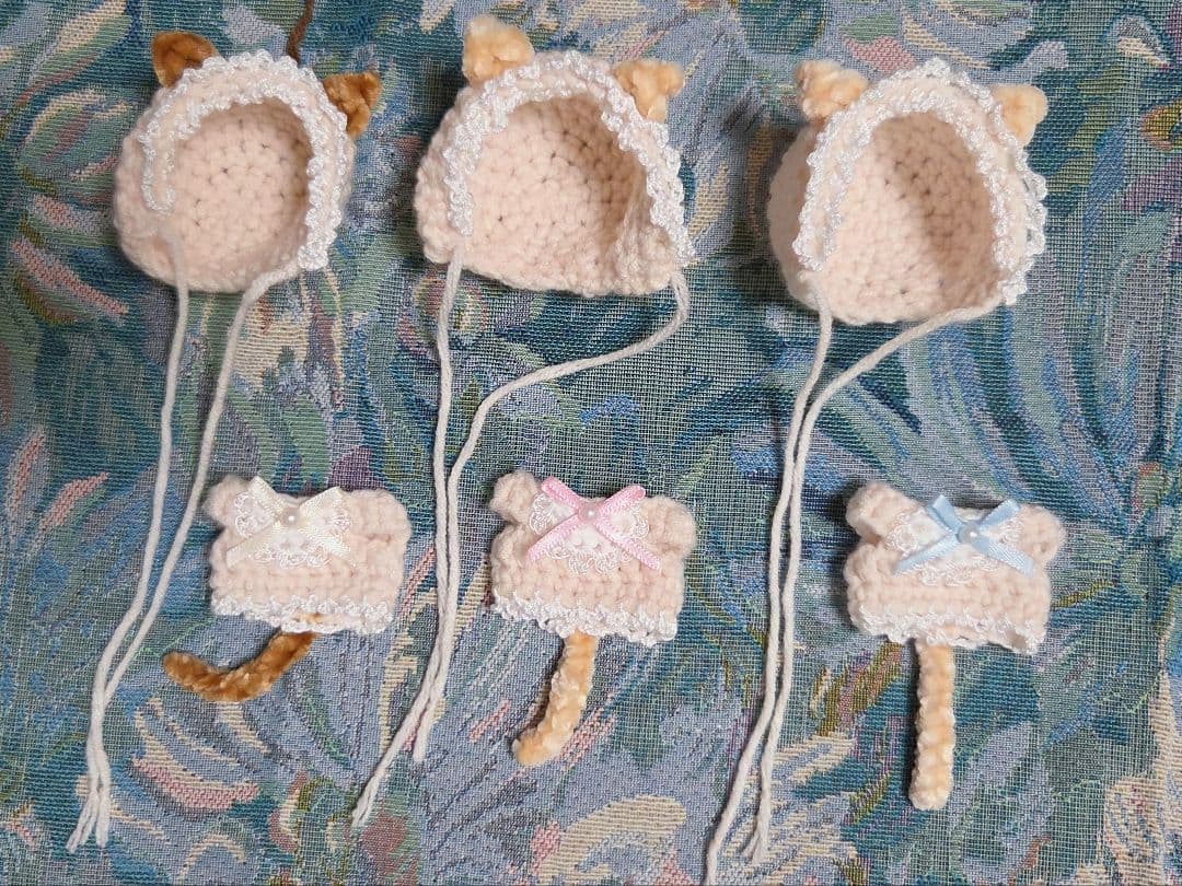 ぬい服 ねこセット ねこみみ付きボンネット＋しっぽ付きワンピース