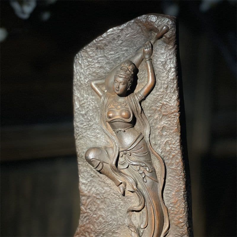 石造 敦煌飛天 浮彫りが琵琶を弾きま仕女 装飾品 禅意 卓上