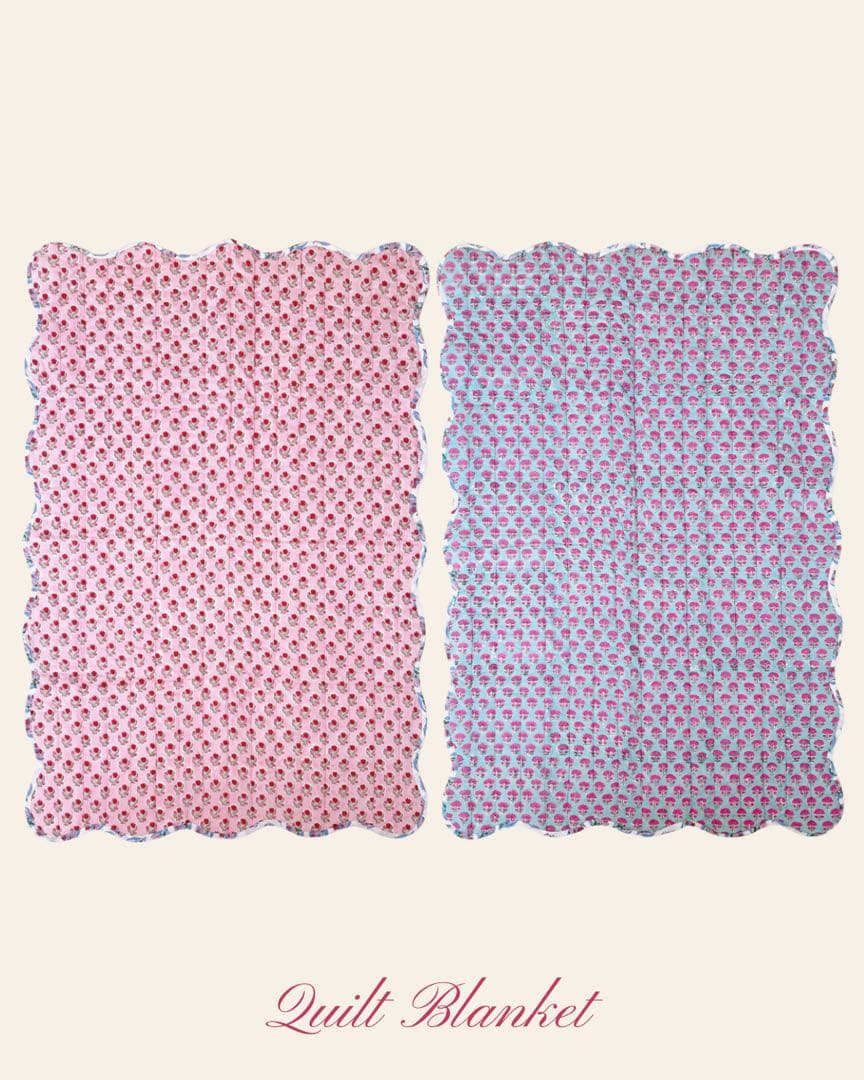 ブロックプリント うねうねキルトブランケット ピンク×水色 - メルカリ