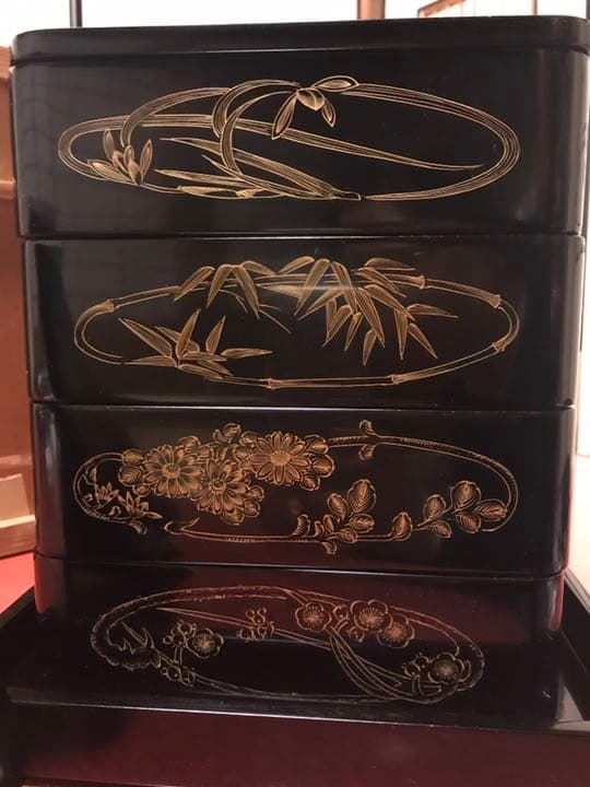 輪島塗 四君子 沈金 4段 重箱 重箱台付
