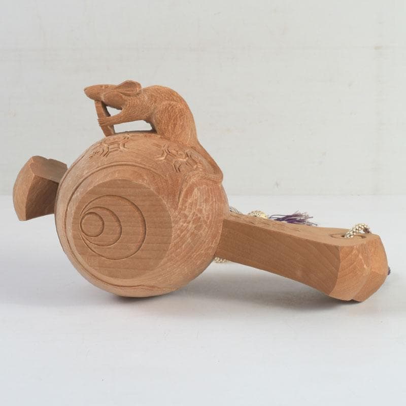 井波彫刻　紅雲作　木彫　鼠と小槌　干支　置物　共箱　C　9418