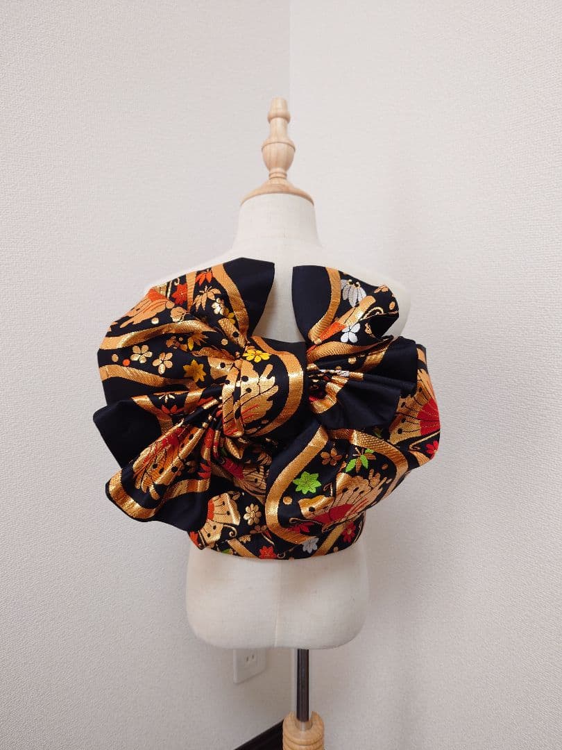 正絹　七五三　ハーフ成人式　作り帯　1点物　黒系　蝶柄　ハンドメイド