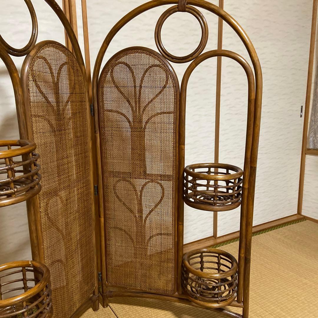 レトロ　ラタン製二重パーテーション 間仕切り　衝立　フラワースタンド