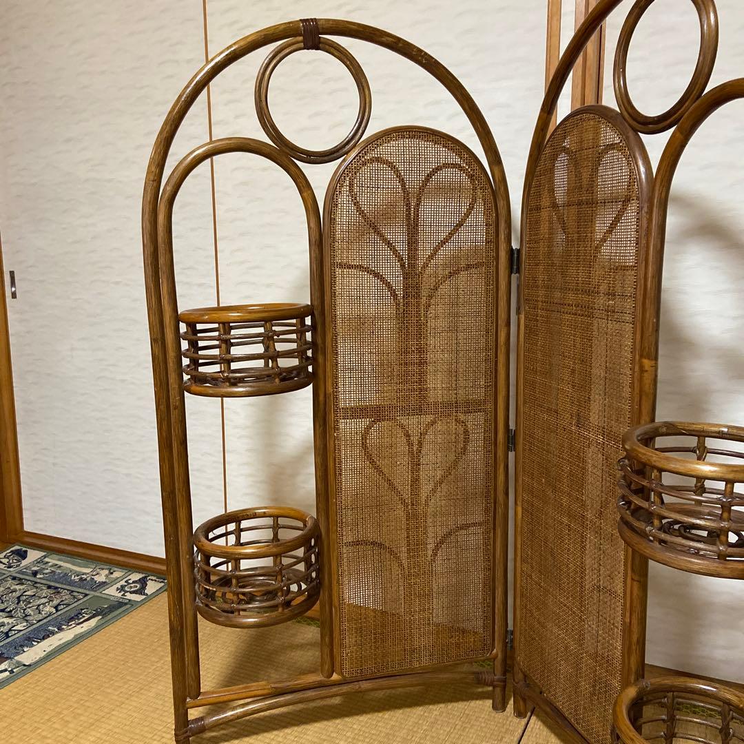 レトロ　ラタン製二重パーテーション 間仕切り　衝立　フラワースタンド