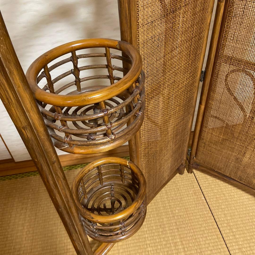 レトロ　ラタン製二重パーテーション 間仕切り　衝立　フラワースタンド