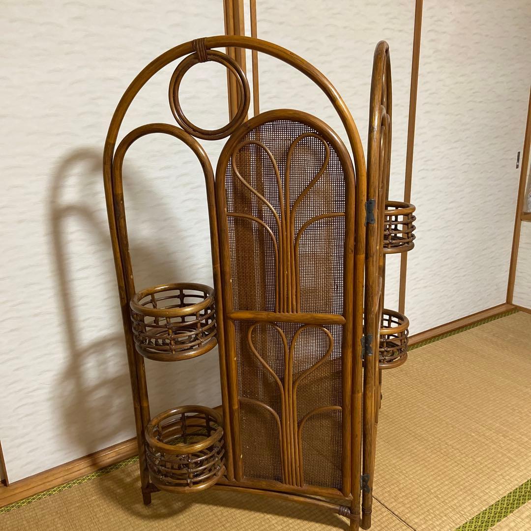 レトロ　ラタン製二重パーテーション 間仕切り　衝立　フラワースタンド