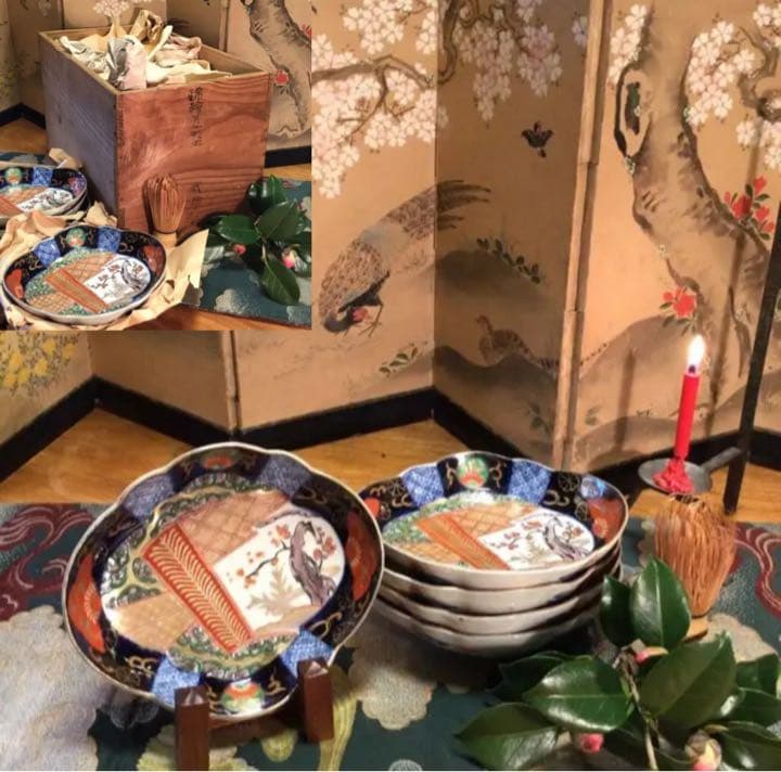 A641 古伊万里　上手　金蘭手　扇面窓絵　雲に梅紋様　変化菱形皿　5枚