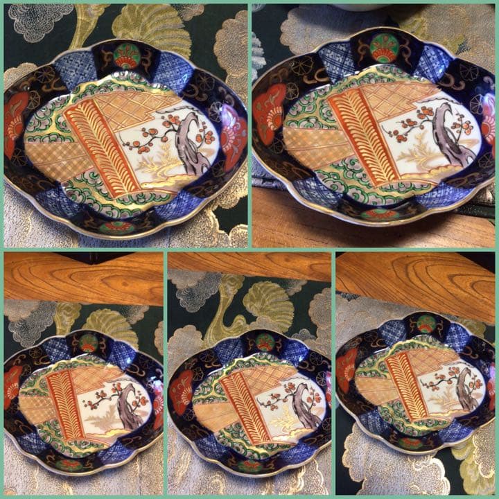 A641 古伊万里　上手　金蘭手　扇面窓絵　雲に梅紋様　変化菱形皿　5枚