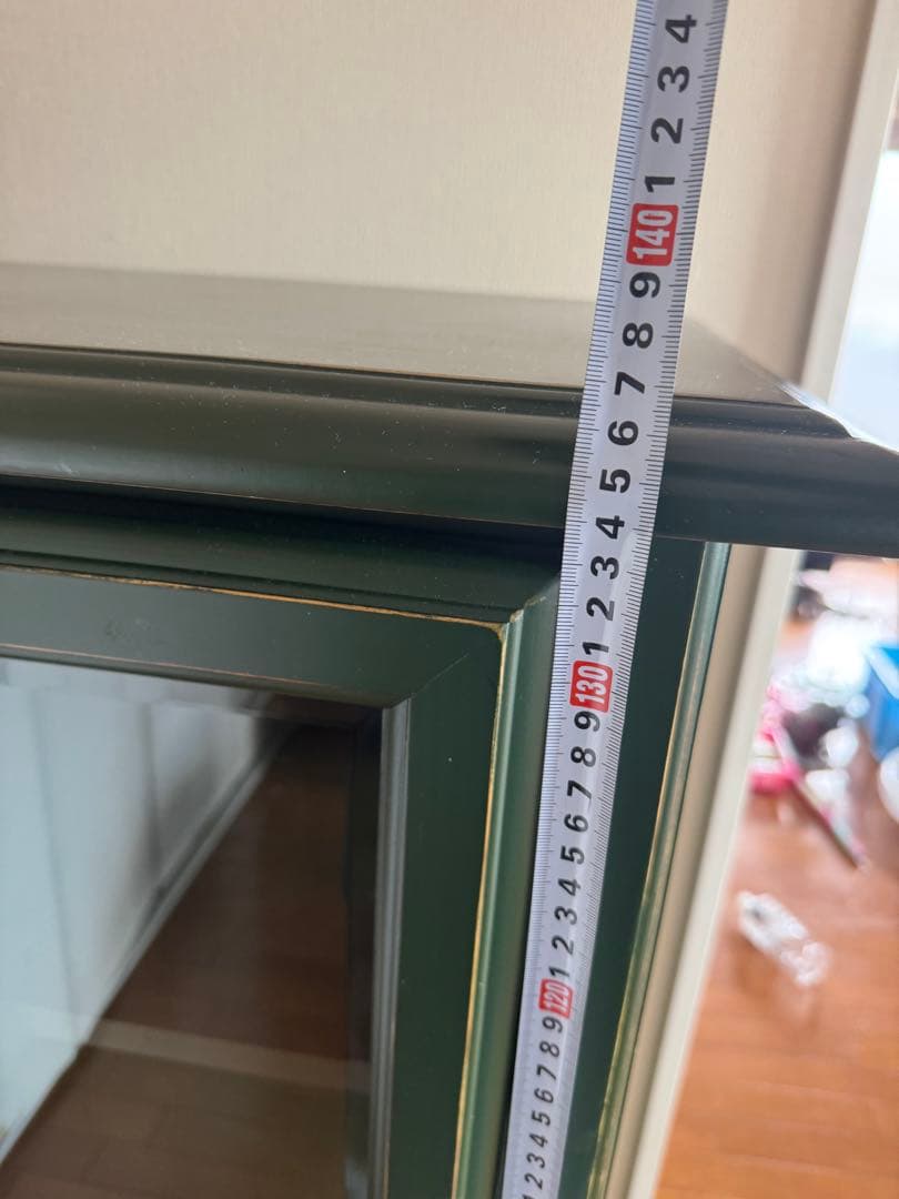 ☆アンティーク家具 グリーン木製ガラス扉キャビネット