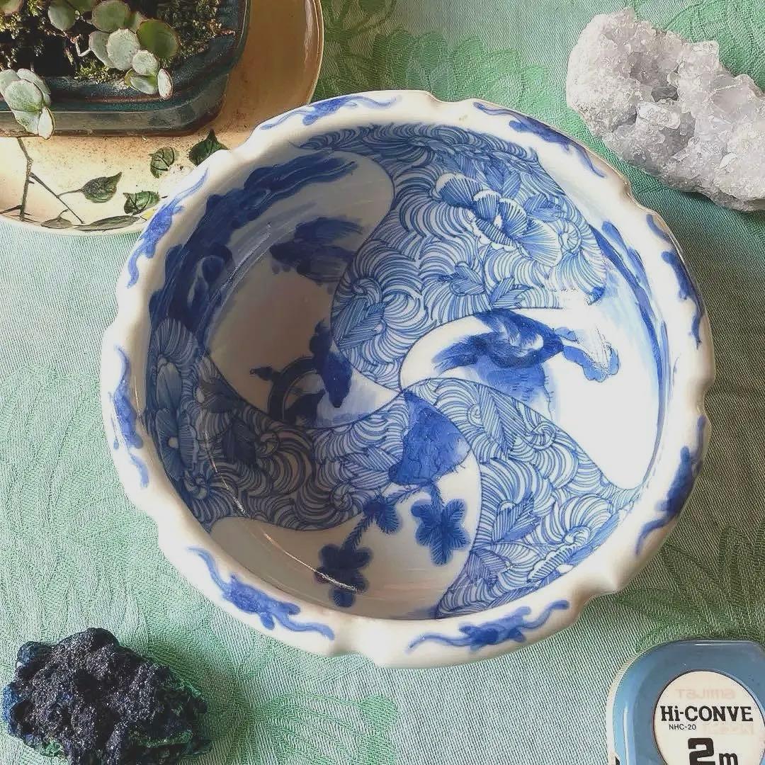 江戸期　古伊万里　染付　中深鉢　山水図