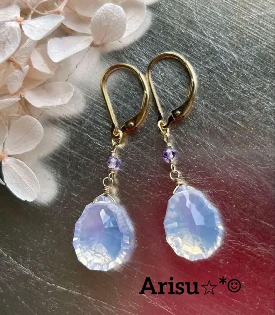 高品質スコロライトコンケーブカット＆宝石質アメジストのピアスチャーム他14kgf