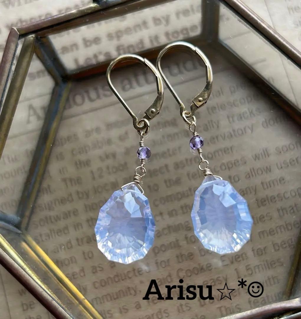 高品質スコロライトコンケーブカット＆宝石質アメジストのピアスチャーム他14kgf