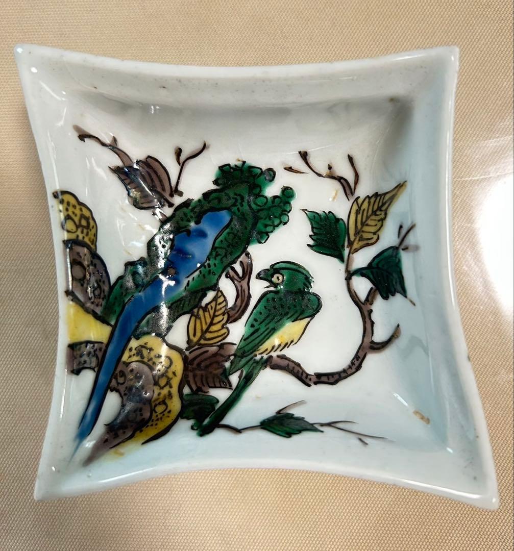 【古九谷】　鳥文菱形　小皿　(12＊12cm) 鳥と植物の絵柄 角皿 5枚セット