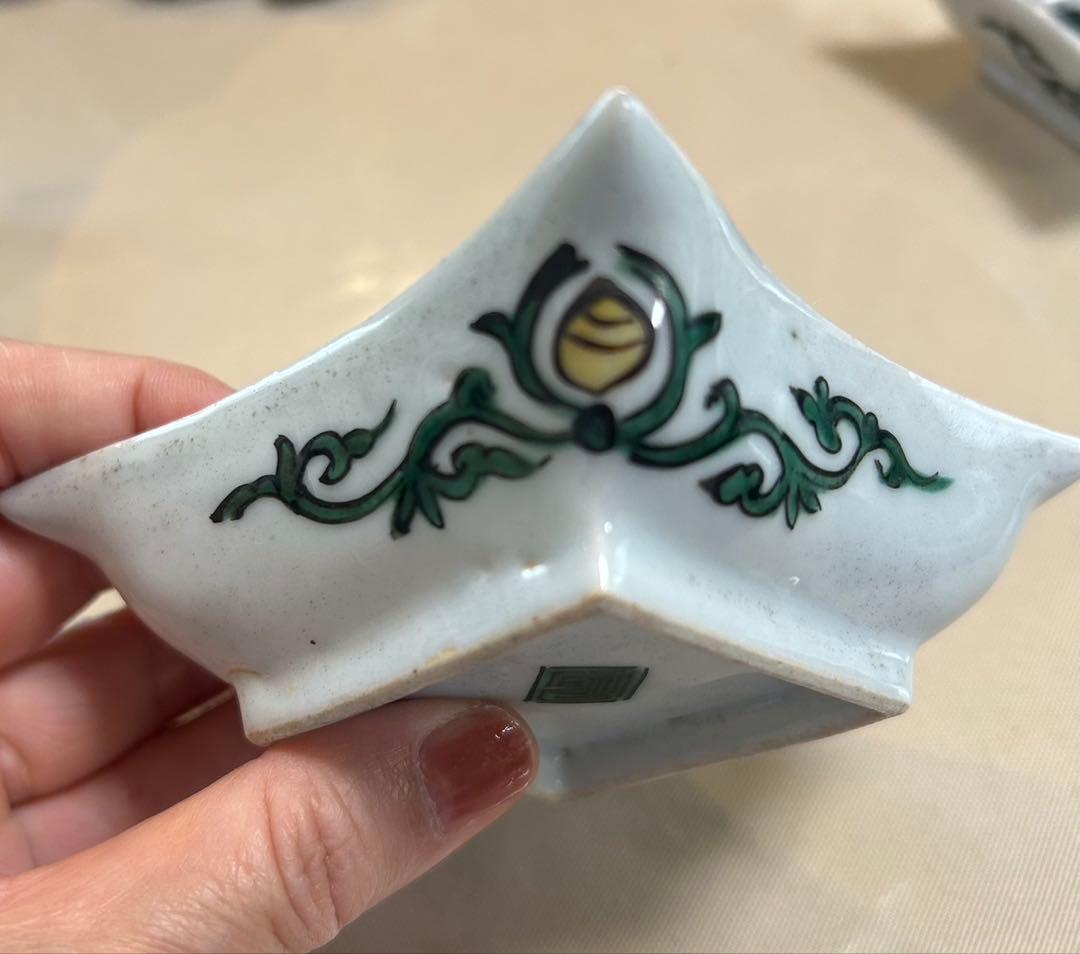 【古九谷】　鳥文菱形　小皿　(12＊12cm) 鳥と植物の絵柄 角皿 5枚セット