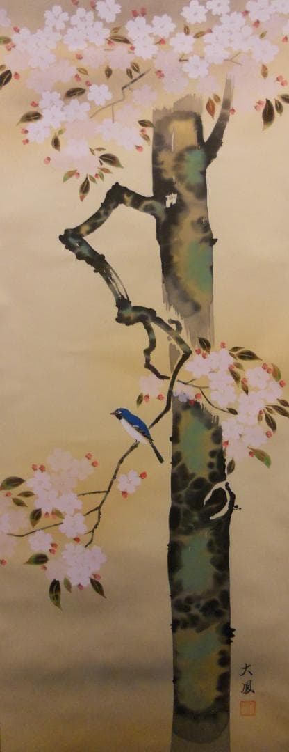 掛け軸 小川大鳳 作『 桜に瑠璃鳥 ルリチョウ 』絹本 希少 茶道具 掛軸