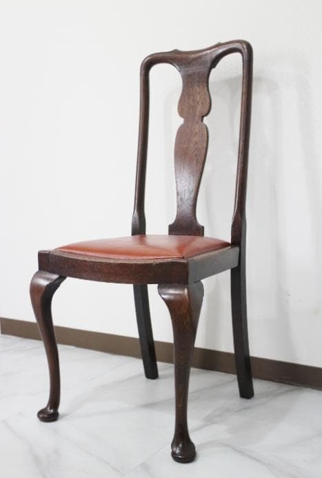 イギリス アンティーク クイーン アン様式 猫脚 本革 オーク材 チェア 椅子