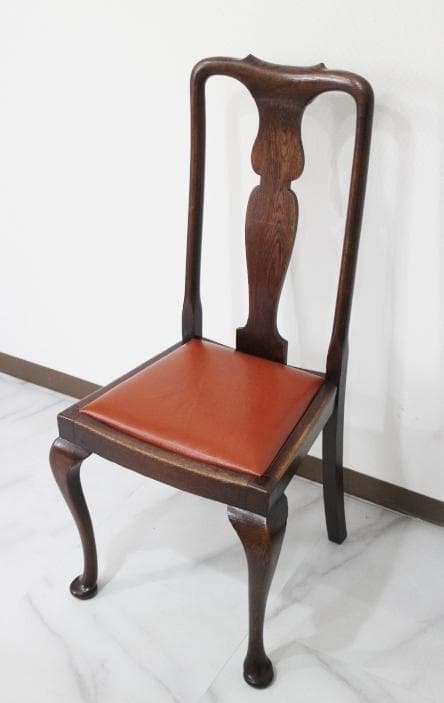 イギリス アンティーク クイーン アン様式 猫脚 本革 オーク材 チェア 椅子