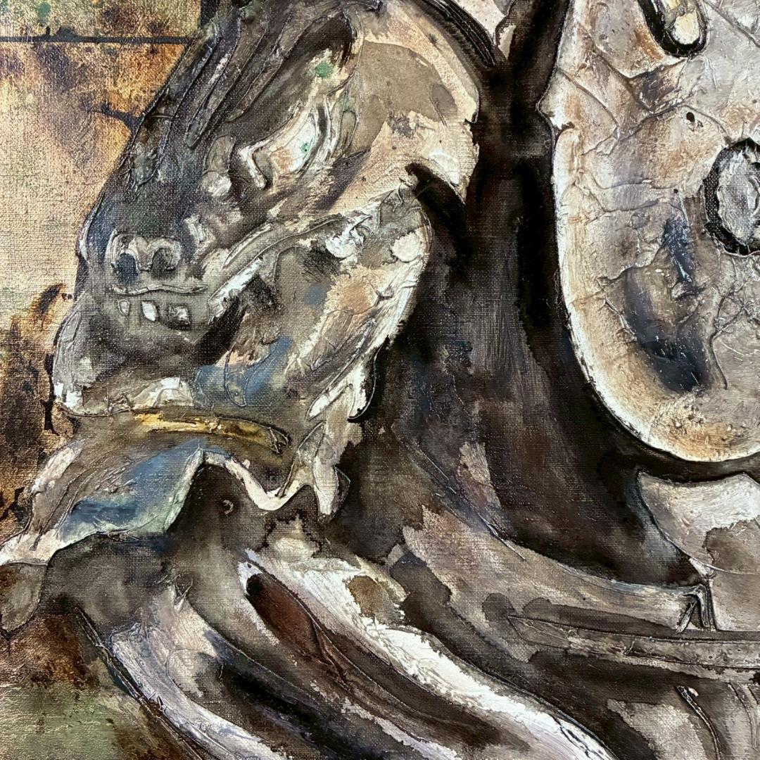 美品 佐々木英夫「持国天 立像 戎壇堂」油彩 大作 1988年作 銀箔仕様 仏像