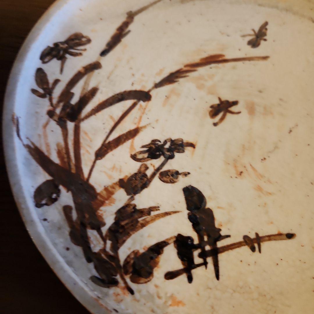 慶應 江戸後期 絵瀬戸 鉄絵 石皿 秋草行灯皿 油皿