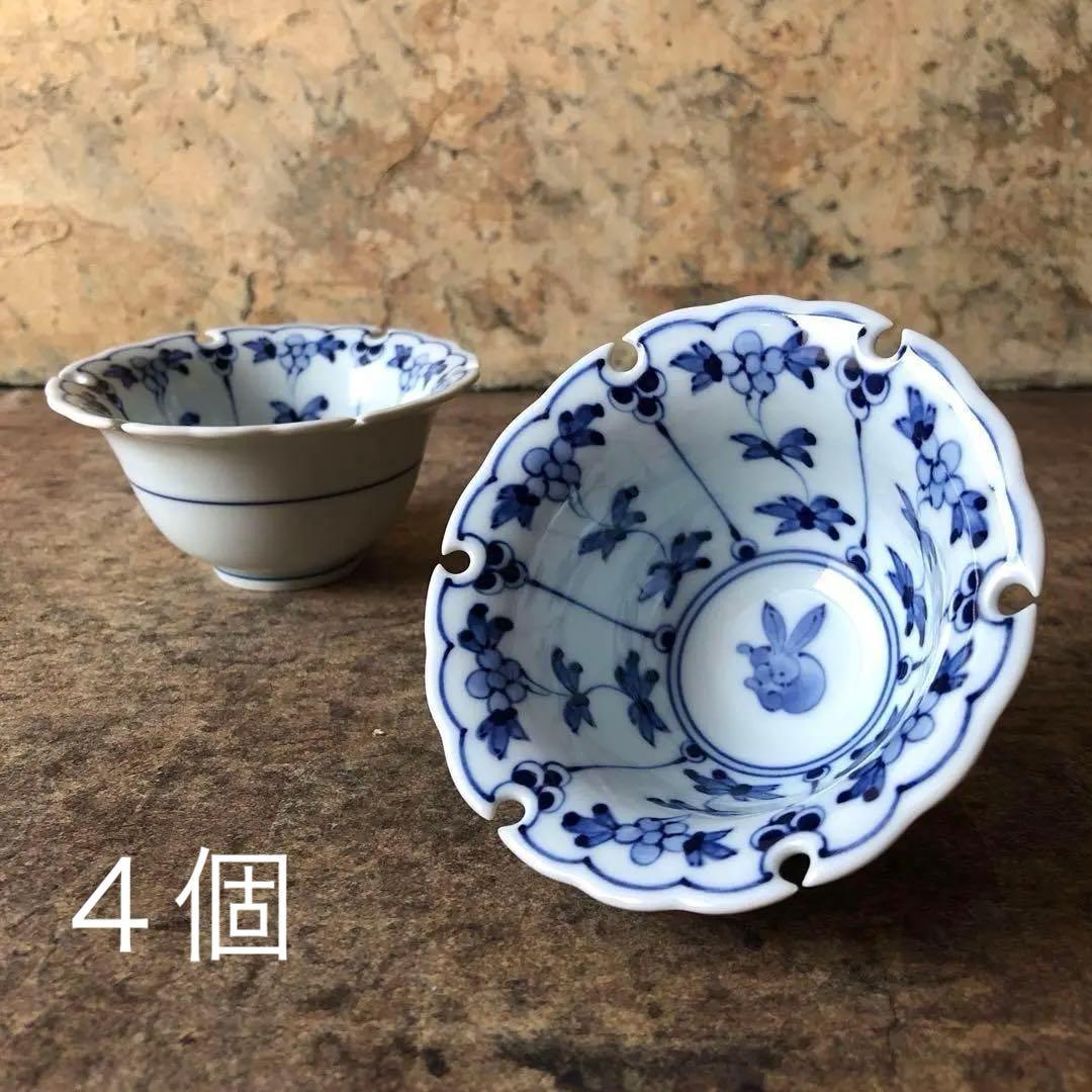 tomo 波佐見 焼割草花うさぎ紋 雪輪小付