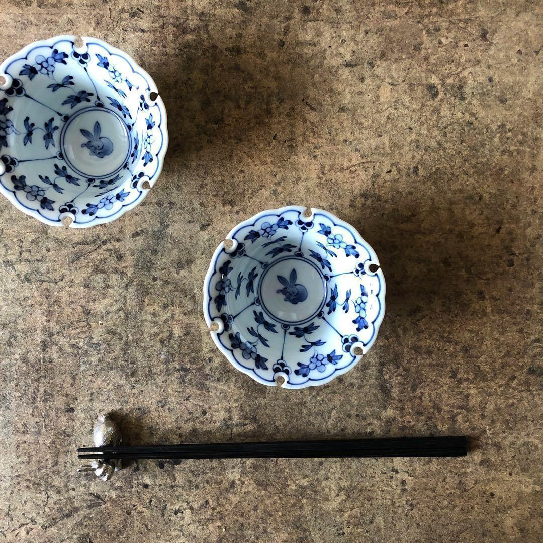 tomo 波佐見 焼割草花うさぎ紋 雪輪小付