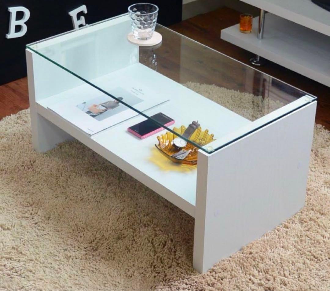 ♡SALE♡センターローテーブル ガラステーブル ガラス天板 収納 ホワイト 白