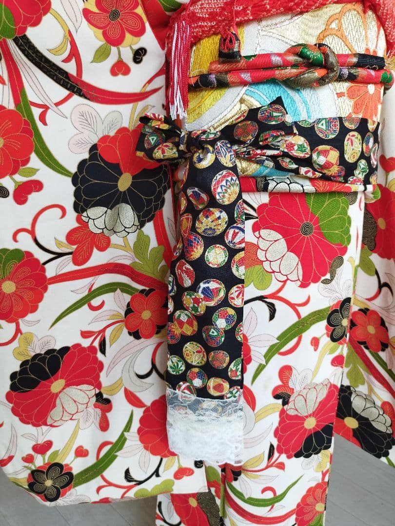 ☆大正浪漫アンティーク☆レトロポップな着物と黄緑作り帯☆七五三