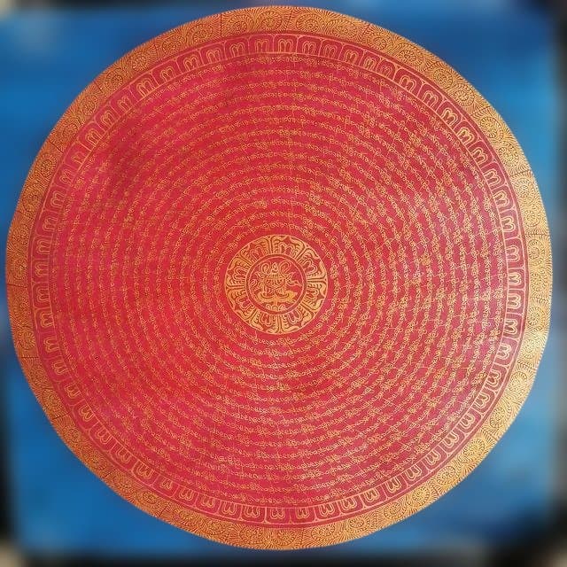 オンマニペメフム　マントラ　曼荼羅　アンティーク大　：　タンカ　仏画