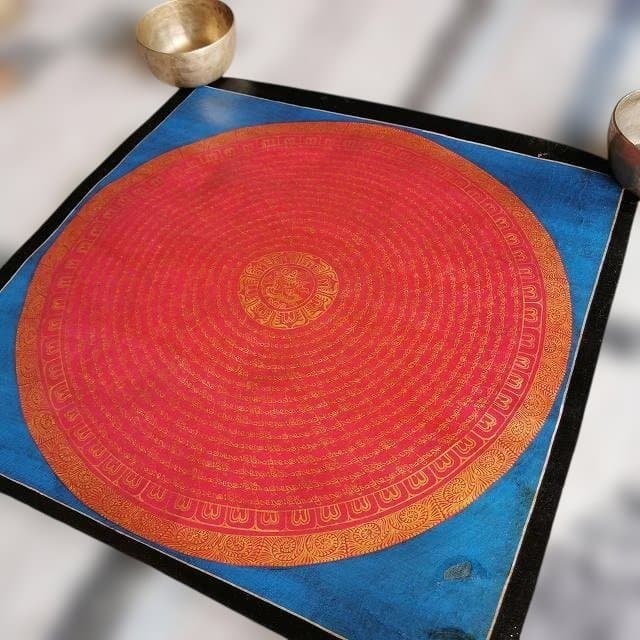 オンマニペメフム　マントラ　曼荼羅　アンティーク大　：　タンカ　仏画