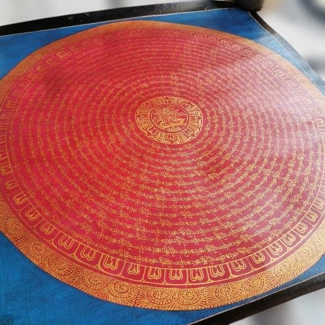 オンマニペメフム　マントラ　曼荼羅　アンティーク大　：　タンカ　仏画