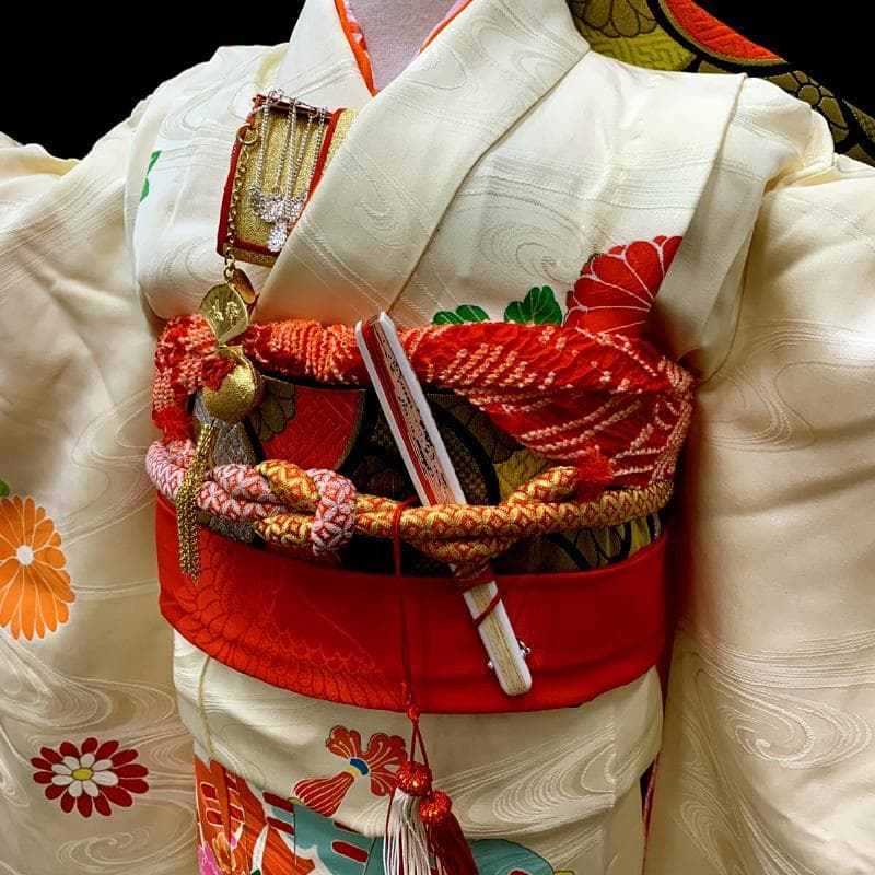 508ag93□七五三 七歳 女児 着物&袋帯&長襦袢 金彩 扇 短冊□美品