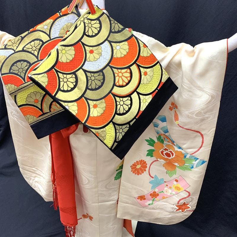 508ag93□七五三 七歳 女児 着物&袋帯&長襦袢 金彩 扇 短冊□美品