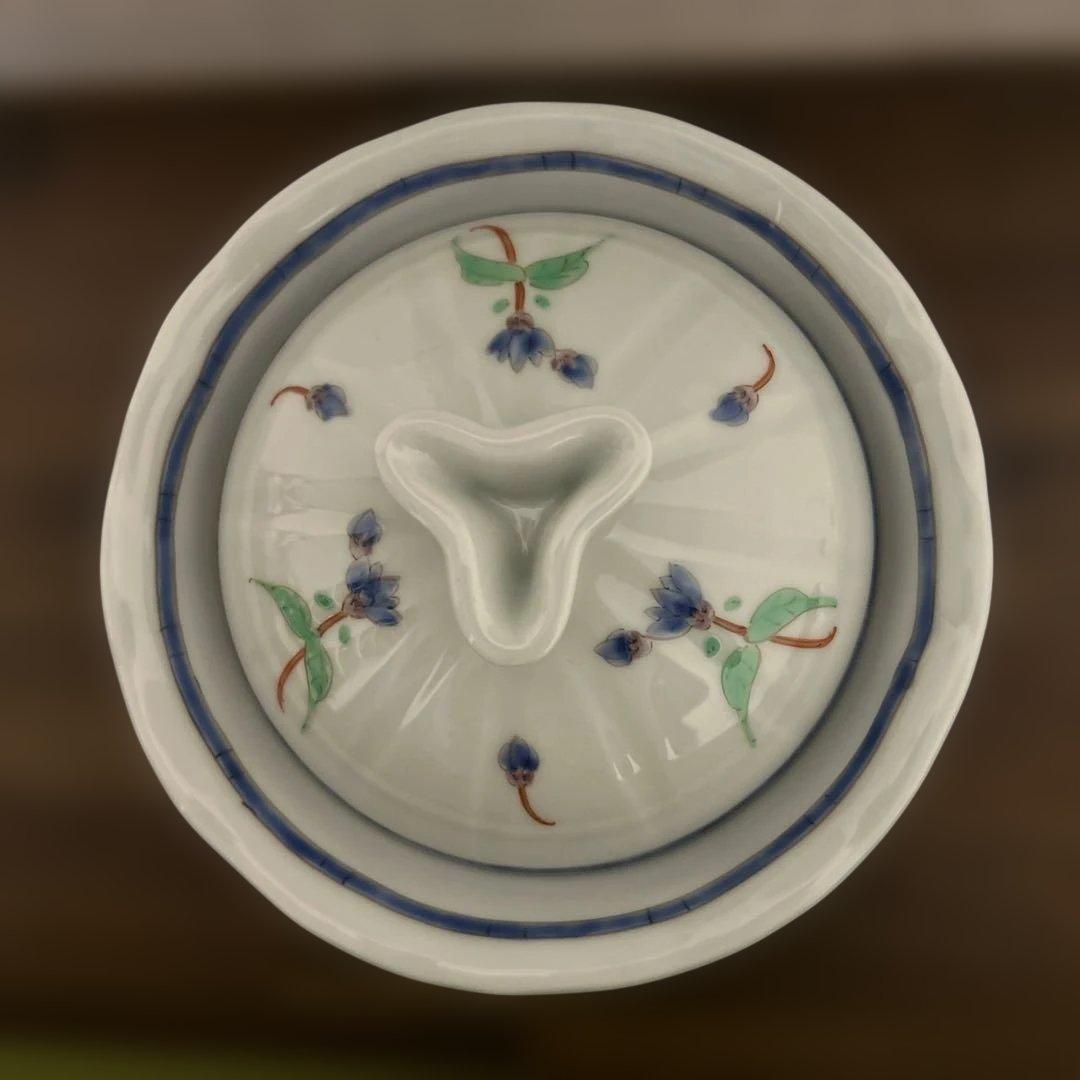 うつわ藍水　蓋物　お花　ブルー