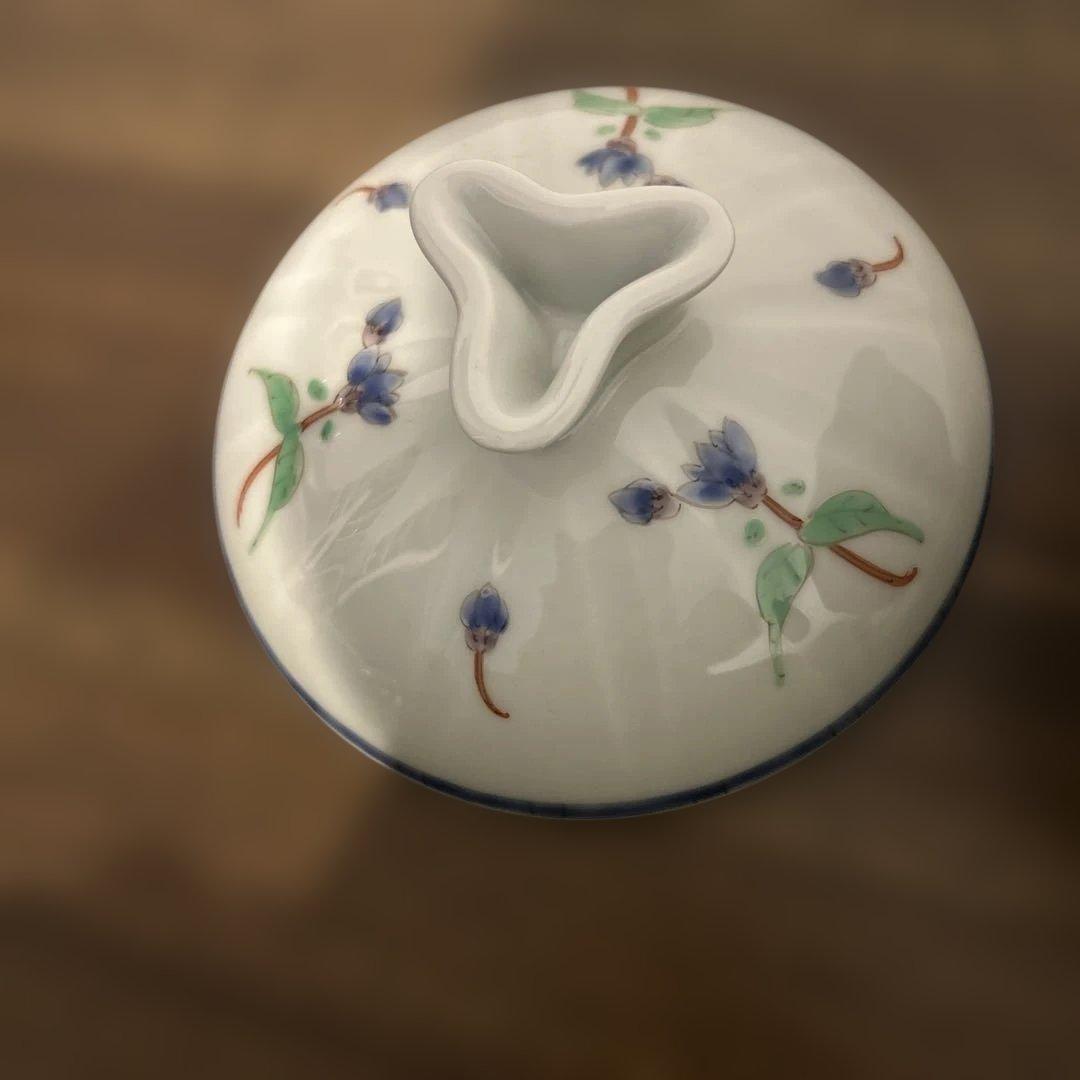 うつわ藍水　蓋物　お花　ブルー