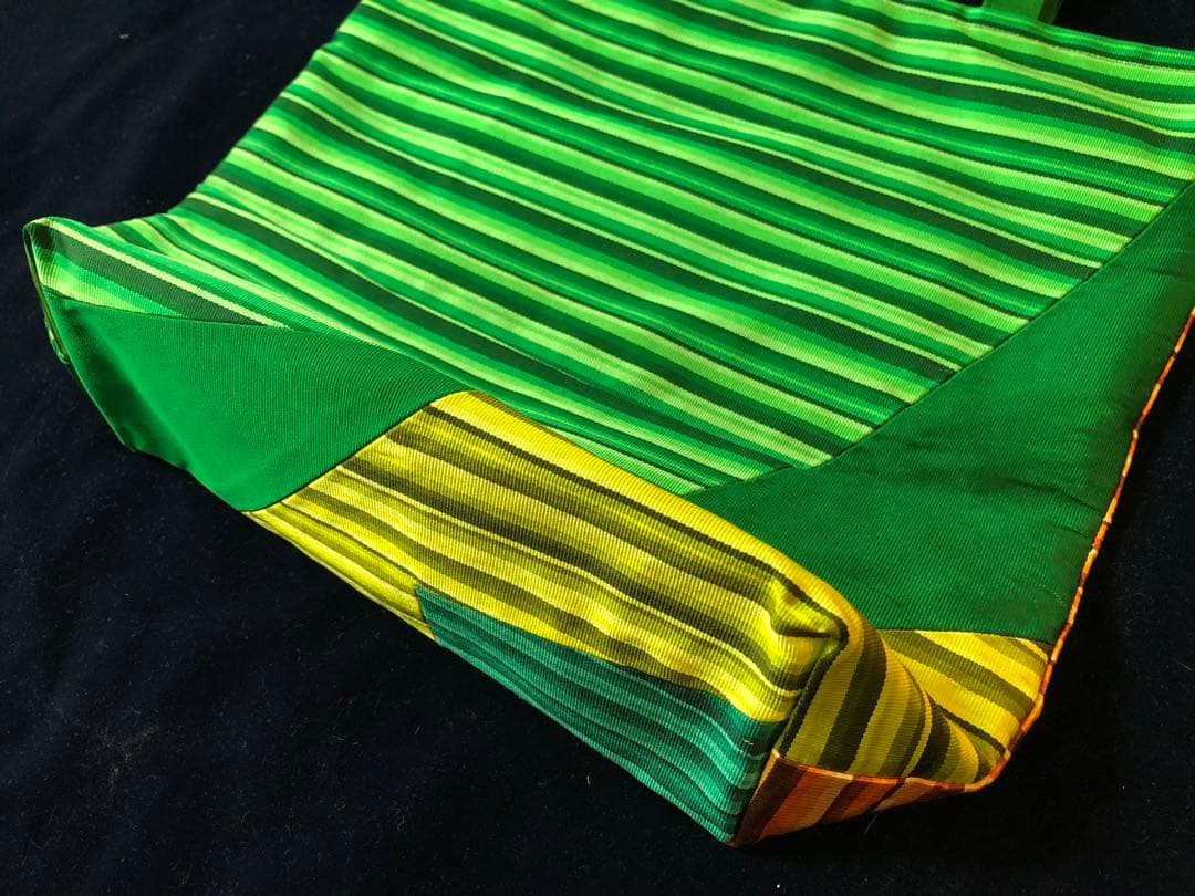 帯リメイク トートバッグ 緑×橙×黄 A4可 軽量 手作り 和装 洋装兼用