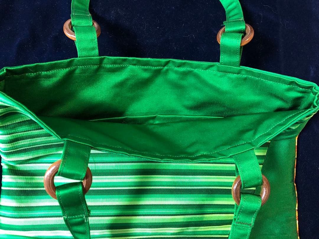 帯リメイク トートバッグ 緑×橙×黄 A4可 軽量 手作り 和装 洋装兼用