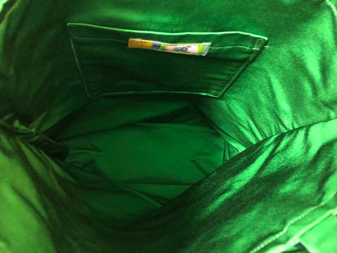 帯リメイク トートバッグ 緑×橙×黄 A4可 軽量 手作り 和装 洋装兼用