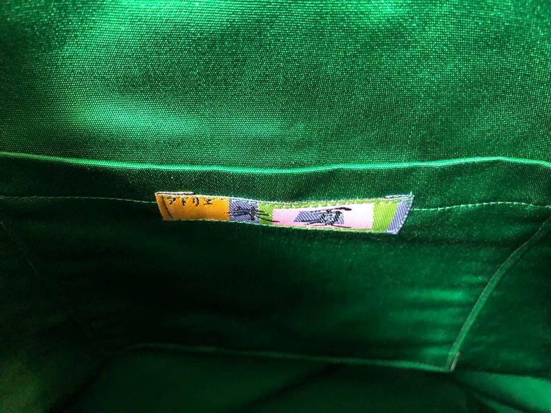 帯リメイク トートバッグ 緑×橙×黄 A4可 軽量 手作り 和装 洋装兼用