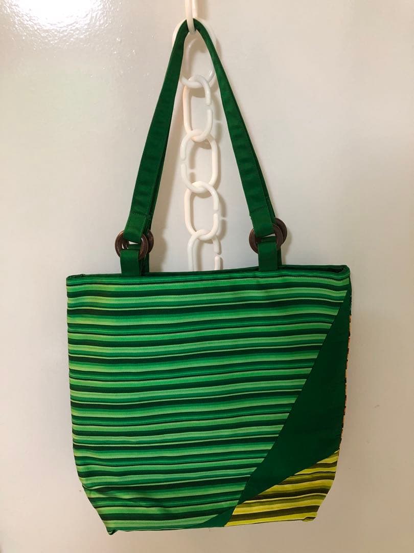 帯リメイク トートバッグ 緑×橙×黄 A4可 軽量 手作り 和装 洋装兼用