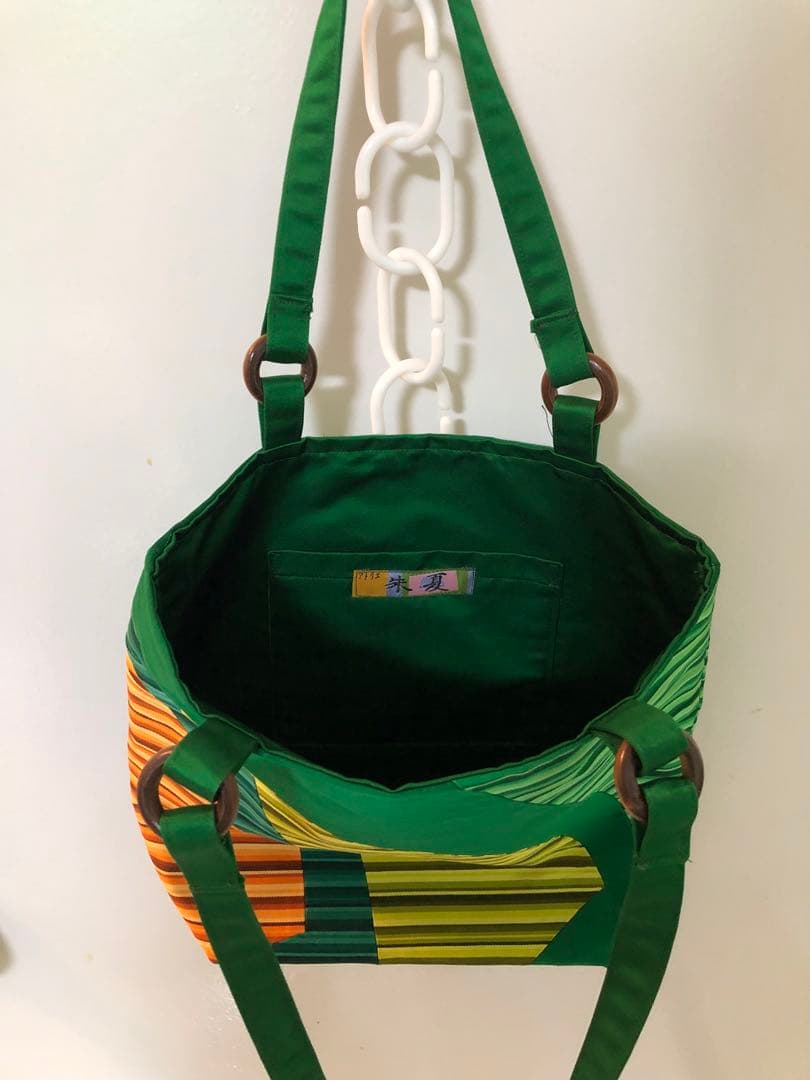 帯リメイク トートバッグ 緑×橙×黄 A4可 軽量 手作り 和装 洋装兼用