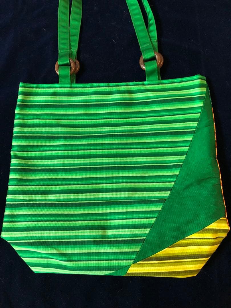 帯リメイク トートバッグ 緑×橙×黄 A4可 軽量 手作り 和装 洋装兼用