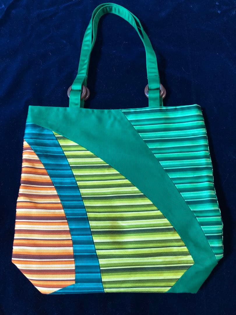 帯リメイク トートバッグ 緑×橙×黄 A4可 軽量 手作り 和装 洋装兼用