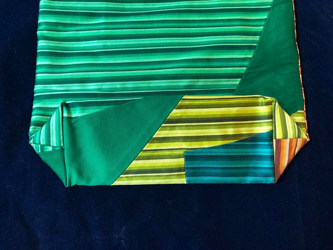 帯リメイク トートバッグ 緑×橙×黄 A4可 軽量 手作り 和装 洋装兼用