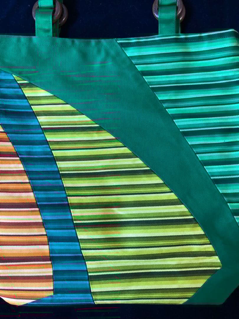 帯リメイク トートバッグ 緑×橙×黄 A4可 軽量 手作り 和装 洋装兼用