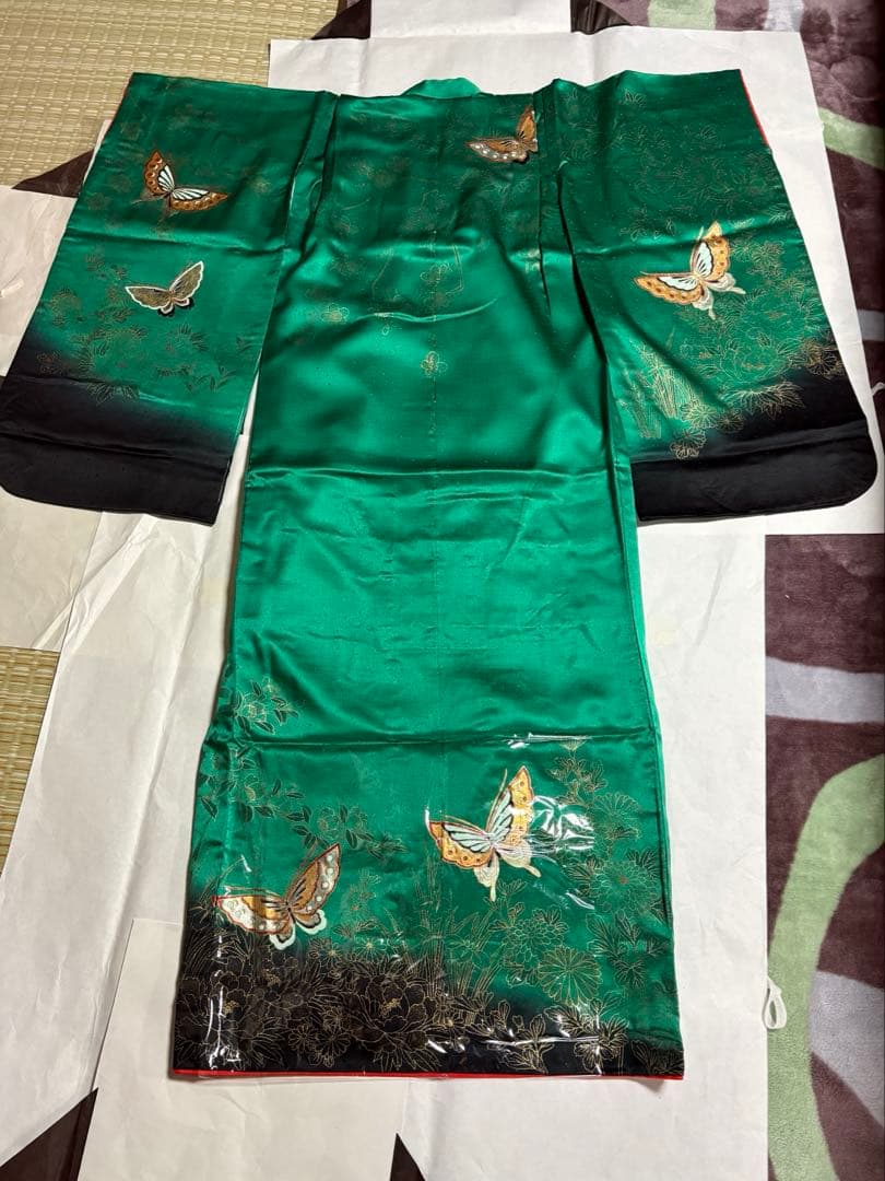 七五三 着物セット 蝶の刺繍付き　緑　7歳　女の子